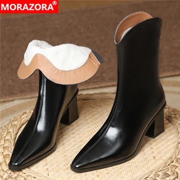 MORAZORA/Новост 2023 г.; Дамски обувки на дебелите меху; Ботильоны на високо Квадратен ток с остър пръсти и цип; модни дамски зимни обувки; Модерни обувки