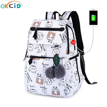 OKKID училищни чанти за момичета женски раница за лаптоп usb backbag детски раници сладък котка училище раница за момичета, чанта пакет