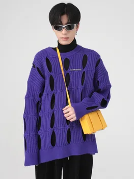 SYUHGFA дрехи Мъжки Пуловер 2023 Есен Зима Самоличността на Выдалбливают Свободен Корейски Вязаный Пуловер Пуловер с Кръгла Яка
