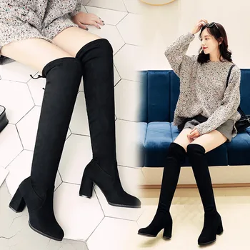 Дамски ботуши над коляното, еластични Възли Ботуши с дълги чорапи, Нови Ежедневни Черни Пикантни обувки на платформа за нощен клуб, Есенни обувки, дамски ботфорты