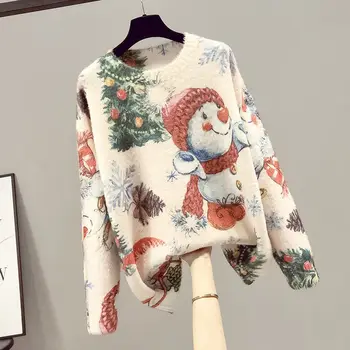 Дамски Пуловери С Шарките на Снежен човек, Коледни Вязаный Пуловер Пуловер с Кръгло Деколте във формата на Снежинки, Коледен Пуловер, широки Дрехи H69