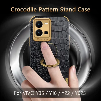 За VIVO Y35 Y16 Y22 Y02S Y22S Кожен Калъф-Поставка с Шарките на Крокодилска кожа, Калъф За Телефон, Магнитен Пръстен за Защита на Камерата, Мека обвивка От TPU