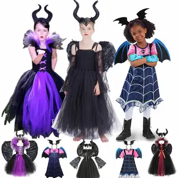 Костюми на Приказни Злодеи за Момичета от 2 до 14 години, Зла Кралица, Сетчатое Рокля-пакет, Черна Магия, Детска Прикриване на Вещица за Хелоуин, Дрехи на Вампир