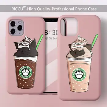 Луксозен Калъф за телефон Coffees Chocolate Cup Cat Capuccino за iPhone14 13 8 7 6 6S Plus X XR 11 12 Pro mini XS MAX Карамельно-Розови Седалките