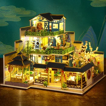 Направи Си Сам Дървени Куклени Къщи Миниатюрен Строителен Комплект Китайската Архитектура Куклена Къща С Мебели Вила Играчки За Възрастни, Подаръци За Рожден Ден