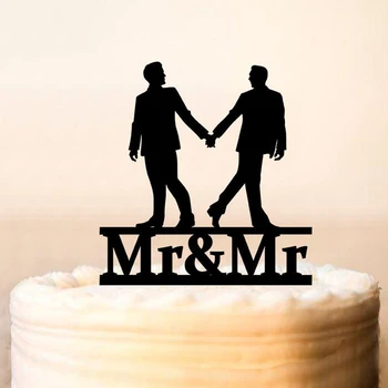 Персонализирани Topper за торта Mr & Mr, Украса за сватба от един и същи пол, Силуетите на мъжете, ръка в ръка с мъже