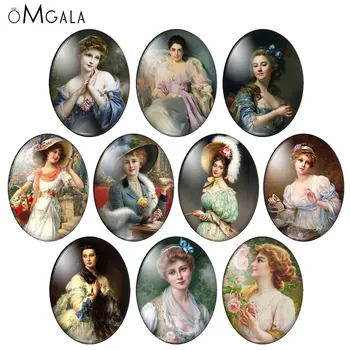 Реколта женски картини с маслени бои 10 бр., смесени 13x18 mm/18x25 мм/30х40 мм, овални снимки, стъклени кабошоны, демонстрация, плоска задна част, Изводи