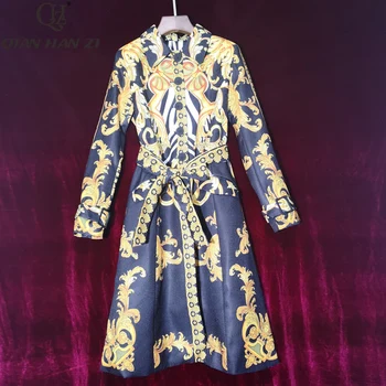 Цян Хан Zi 2019 Новата зимна Мода яке за Подиум, дамско яке с дълъг ръкав и принтом, ретро колан, финото палто със средна дължина