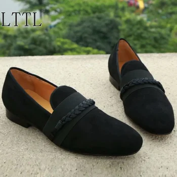 Черни Кадифени, мъжки обувки, Италиански Модни Дизайнерски лоферы ръчно изработени, Лятна Ежедневни Обувки без закопчалка на равна подметка, Мъжки чехли за пушачи