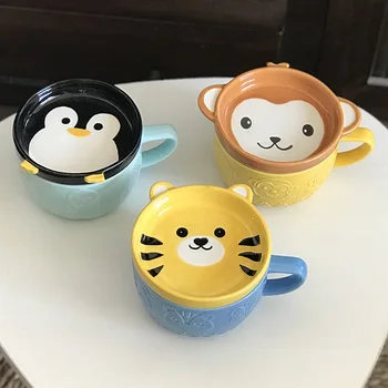 Японски карикатура керамична чаша кафе, чаша сладък Пингвин, Тигър чаша за закуска детска чаша за вода с капак, чаша сублимационный чаша